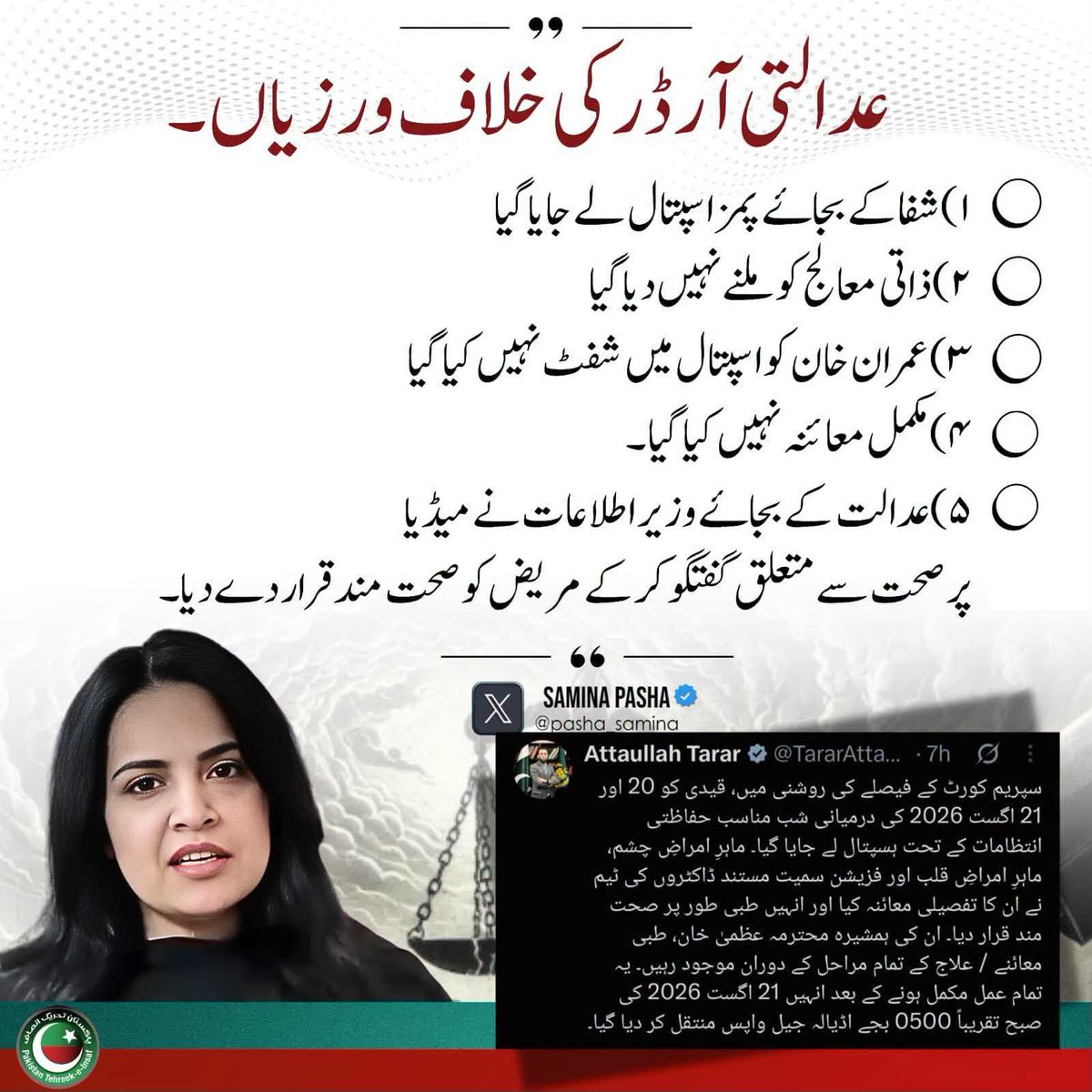 PPakpttan's tweet photo. عاصم منیر رجیم کی عدالتی آرڈر کی خلاف ورزیاں: 

۱) شفا کے بجائے پمز اسپتال لے جایا گیا۔ 
۲) ذاتی معالج کو ملنے نہیں دیا گیا۔ 
۳) عمران خان کو اسپتال میں شفٹ نہیں کیا گیا۔ 
۴) مکمل معائنہ نہیں کیا گیا۔

#ContemptOfCourt
#StopTortureOnNationalHero https://t.co/UJHKnlJFxk