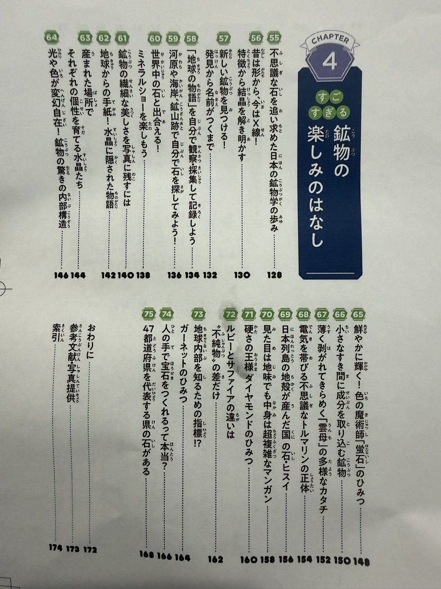 fluor_doublet's tweet photo. 目次を出しておきます。普通の鉱物本とはだいぶ違い、結晶の話が大増量になっています。天然の単斜硫黄の写真が見られる本は、すごくレアかも。 https://t.co/bdzMq7x8Go