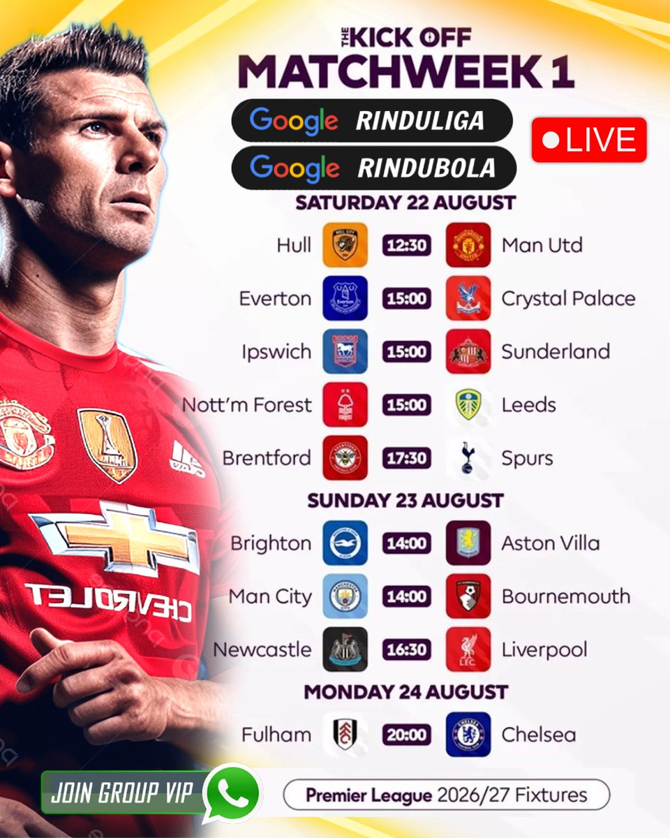 Rinduliga365's tweet photo. Jadwal dan Live Gratis Liga Inggris Premier EPL 22 Agustus 2026 Sabtu !  ENGLISH PREMIER LEAGUE (EPL) : Man United, Everton, Crystal Palace, Sunderland, Nottingham   Steaming GOOGLE : RINDUBOLA / RINDULIGA  #EPL #PremierLeague #JadwalLigaInggris #NontonLigaInggris #StreamingEPL https://t.co/JCoH8jBbeM