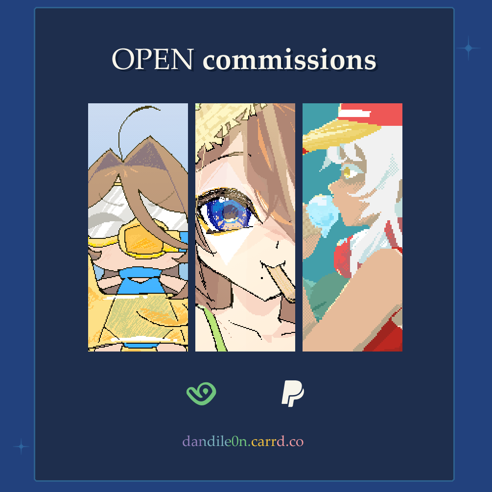dandile0n's tweet photo. ✦◇ OPEN commissions ◇✦
[Every <3 and ⤿ is appreciated]

Commission applications are available on Vgen.
Available Commissions:
>Pixel art
>Sketch and doodles

To know more you can see the rest of images on the thread or go the link in my bio.
(1/4) https://t.co/15okyhlLjo
