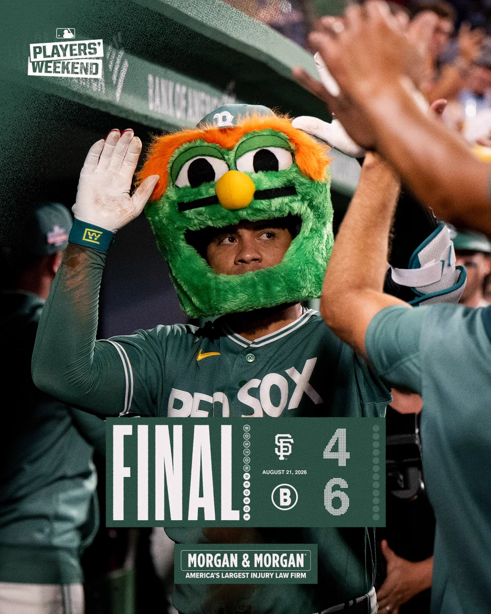 Final score from August 21st, 2026
Giants 4 Red Sox 6

IMAGE: Final score graphic featuring a photo of Willson Contreras wearing his green City Connect uniform in the dugout also wearing the Wally head celebrating with teammates after hitting a home run.
