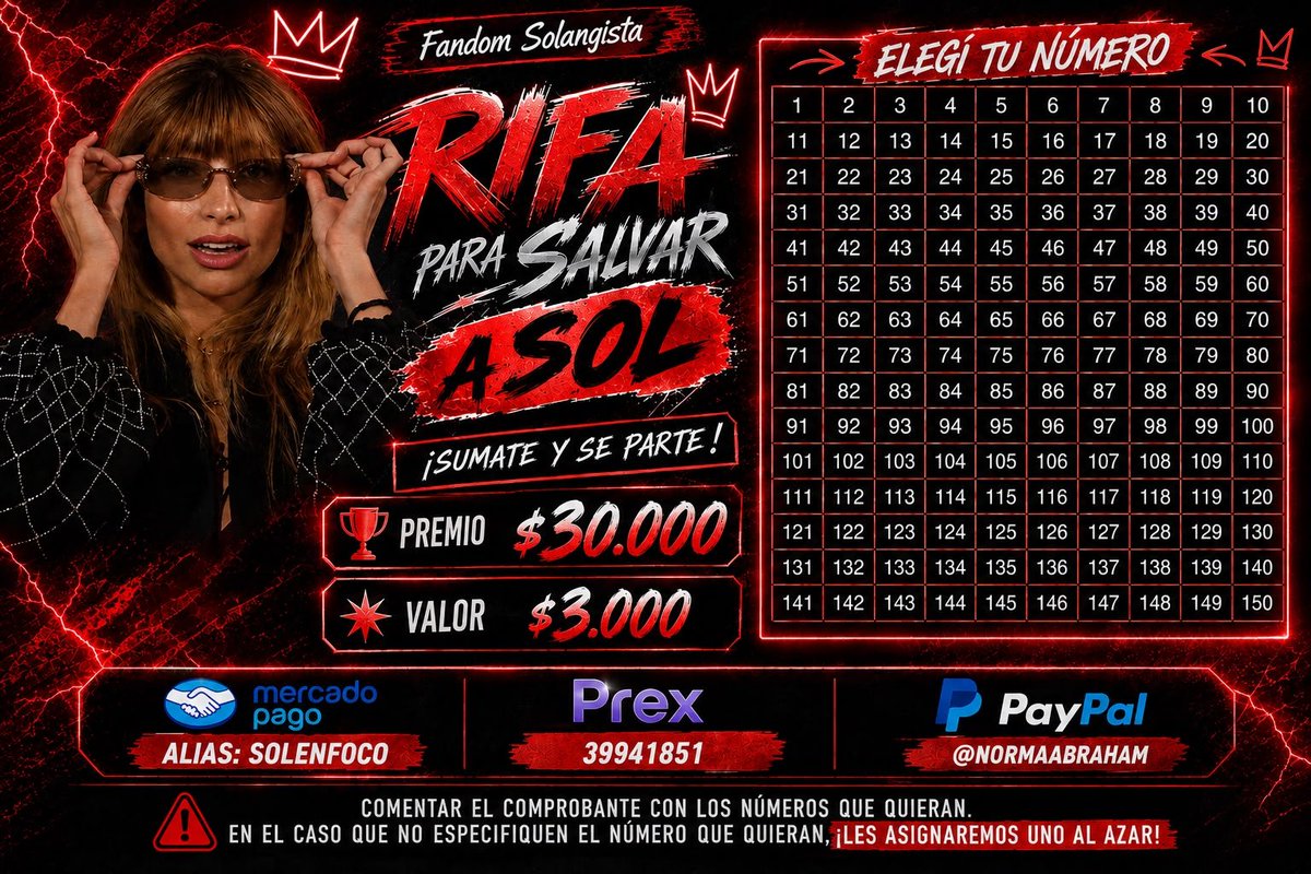 cotyverse's tweet photo. RIFA EXPRESS 🔥 

PARA SALVAR A SOL 
Podes ganarte este increíble premio de 30.000 con solo comprar un número por el valor de 3.000
Podés comprar dejando en los comentarios el comprobante con el numero elegido en caso de no hacerlo  asignaremos uno al azar!

Alias: SOLENFOCO
PREX: 39941851
Paypal: NORMAABRAHAM
@BlissedRtu @Gejehx 
#GranHermano
