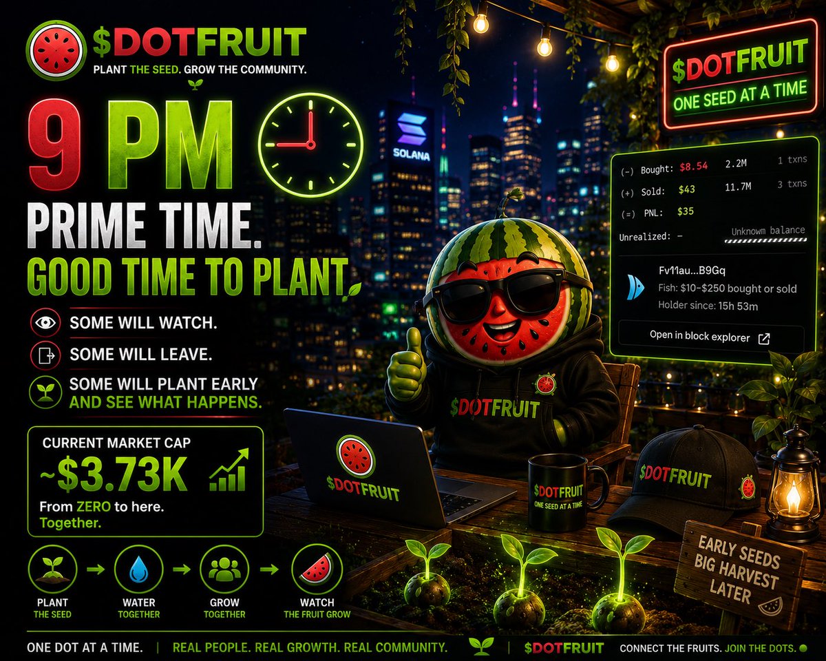 TheDotFruit's tweet photo. 9 PM. The day might be slowing down, but the seed is still growing. 🌱🍉

Some will watch.
Some will leave.
Some will plant early and see what happens.

$DOTFRUIT is just getting started.

Plant. Water. Grow. 🍉
#Solana #DOTFRUIT https://t.co/zTaewYr0Yy