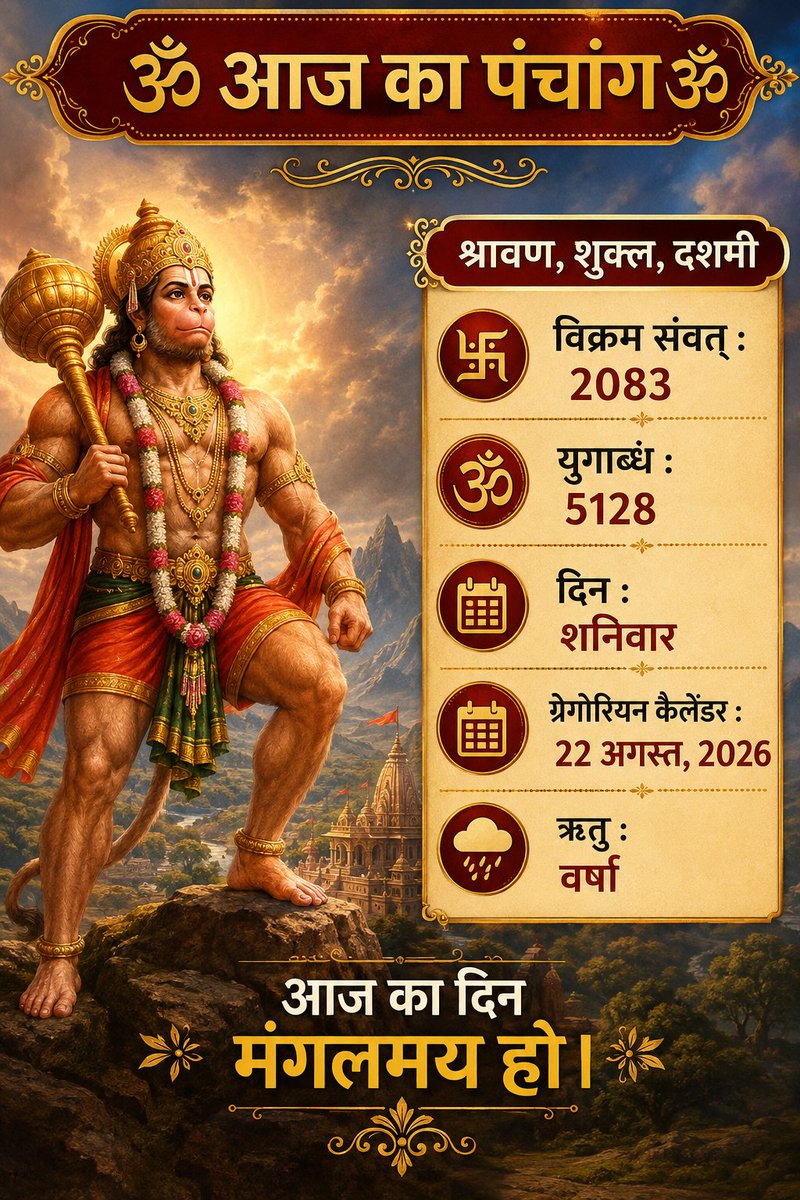 thingsofbharat's tweet photo. 🕉️ आज का पंचांग 🕉️

श्रावण, शुक्ल, दशमी
विक्रम संवत् : 2083
युगाब्ध : 5128
दिन : शनिवार
ग्रेगोरियन कैलेंडर : 22 अगस्त, 2026
ऋतु : वर्षा

आज का दिन मंगलमय हो। https://t.co/9Zw0MoFdsZ