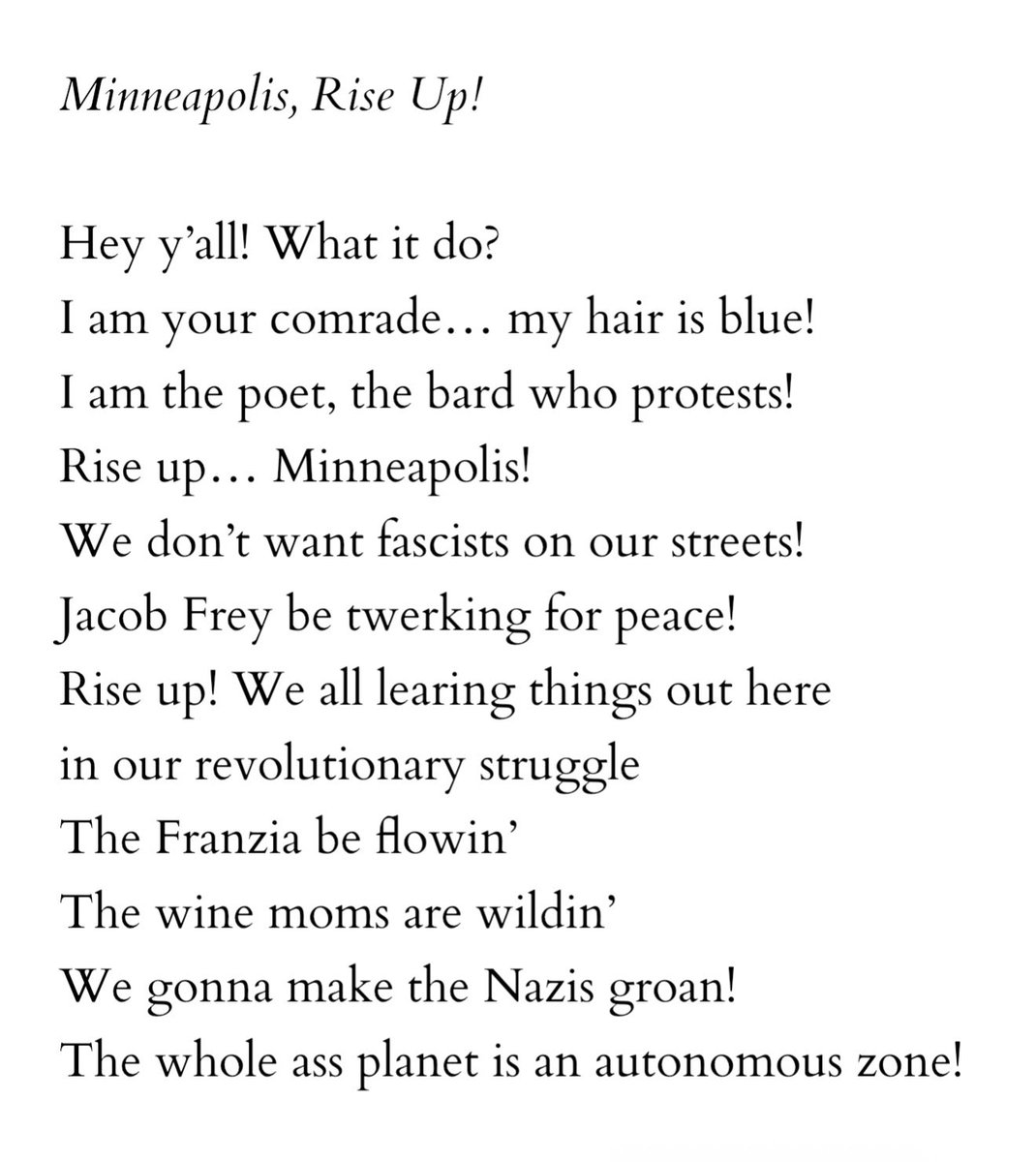jmasseypoet's tweet photo. BREAKING NEWS: The Minneapolis poet laureate has been named. Arlo Moonbeam is a barista in Minneapolis with an MFA from the Iowa Writers’ Workshop. His inaugural poem, “Minneapolis, Rise Up,” has been leaked to the press. Unbelievable. https://t.co/psyriIwdgl