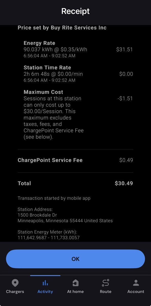joel_acker's tweet photo. @brandenflasch @KCharlesRoss @Blakeintosh @Tesla ChargePoint too, right? This activity in my ChargePoint app would seem to indicate that the $0.35/kWh includes tax as there were no additional charges https://t.co/YYlbXNFfwK