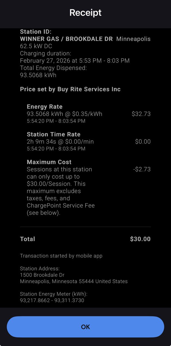 joel_acker's tweet photo. @brandenflasch @KCharlesRoss @Blakeintosh @Tesla ChargePoint too, right? This activity in my ChargePoint app would seem to indicate that the $0.35/kWh includes tax as there were no additional charges https://t.co/YYlbXNFfwK