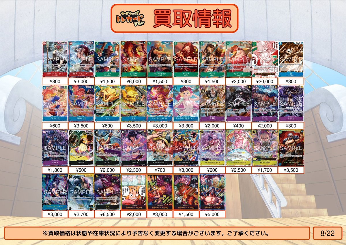 _torecard's tweet photo. 【ワンピース買取情報】
OP17　世界最強の戦士
モンキー・Ｄ・ルフィ スーパーリーダーパラレル ¥250,000
モンキー・Ｄ・ルフィ 海賊団スーパーパラレル ¥2,200,000
ロックス・Ｄ・ジーベック 海賊団スーパーパラレル ¥1,100,000
エドワード・ニューゲート スーパーパラレル ¥200,000
シャンクス スーパーパラレル ¥300,000
カイドウ スーパーパラレル ¥200,000
シャーロット・リンリン スーパーパラレル ¥180,000
エドワード・ニューゲート リーダーパラレル ¥1,500
シャンクス リーダーパラレル ¥4,500
ロックス・Ｄ・ジーベック リーダーパラレル ¥7,000
カイドウ リーダーパラレル ¥3,000
モンキー・Ｄ・ルフィ リーダーパラレル ¥8,000
シャーロット・リンリン リーダーパラレル ¥2,000
モンキー・Ｄ・ルフィ SP ¥160,000
シャンクス SP ¥50,000
バギー SP ¥30,000
マーシャル・Ｄ・ティーチ SP ¥40,000
ロロノア・ゾロ SP ¥30,000
光月おでん SP ¥25,000
モンキー・Ｄ・ガープ SP ¥10,000
ゴール・Ｄ・ロジャー SP ¥14,000
ヤマト SP ¥25,000
シルバーズ・レイリー SP ¥13,000
カイドウ パラレル ¥25,000

《その他記載のないカードも買取行っております》

※状態や在庫状況、相場によって予告なく変更される場合があります。

#カードショップトレカード
#買取
#秋葉原
#ワンピースカードゲーム