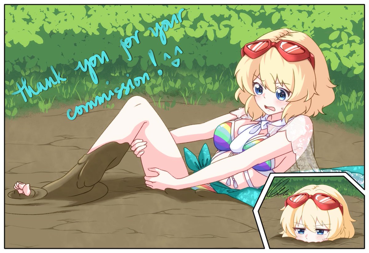 NelseyBen's tweet photo. Was commissioned to draw the Sakuya quicksand meme but this time with Touhou Lost Word's Summer Alice!
"The cuter you are, the harder it is to escape quicksand. SandWitch logic- :3"
Thanks LilSandWitch for your commission! https://t.co/dfHn5PbBRb