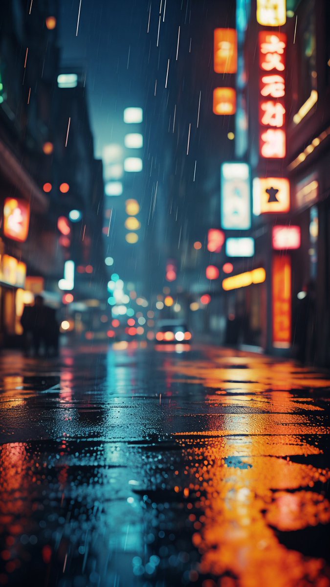sandragirl6's tweet photo. Urban chaos in a frame – a wet street glistens under neon lights, a cyclist zips past, carrying the city’s quiet buzz. https://t.co/2bCjbia4Ww