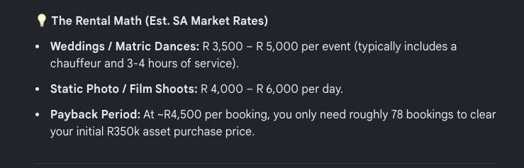 CarsofMzansi's tweet photo. Look like a Millionaire for less than the price of a Polo

In fact if you had to rent this out for Proms, Music Videos and Weddings you could make decent money

But Service &amp; Fuel are not cheap https://t.co/d7nvay2Zgp