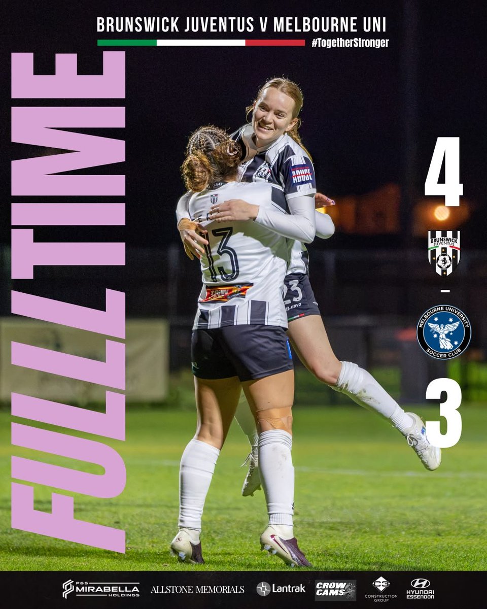 BrunswickJuve's tweet photo. CAN YOU BELIEVE IT?! 

Another winner in stoppage time, this time for our Senior Women! What an absolute rollercoaster that was. To go from 0-1 down to 3:2 up, conceding an equaliser in the 74th minute - we went on to win it with last kick of the game ⚽🔥

Football 🖤🤍 #BrunswickJuventus