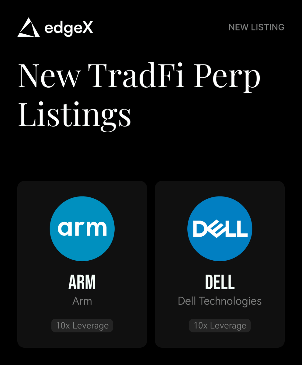 edgeX_exchange's tweet photo. New TradFi Perp Listing on edgeX

$ARM
Semiconductor IP and processor architecture provider.

$DELL
Personal computers, servers, storage, and enterprise IT solutions provider.

Trade to Earn $EDGE &amp; $USDC
https://t.co/qqNqUqJNQg https://t.co/AtPsqoon8S