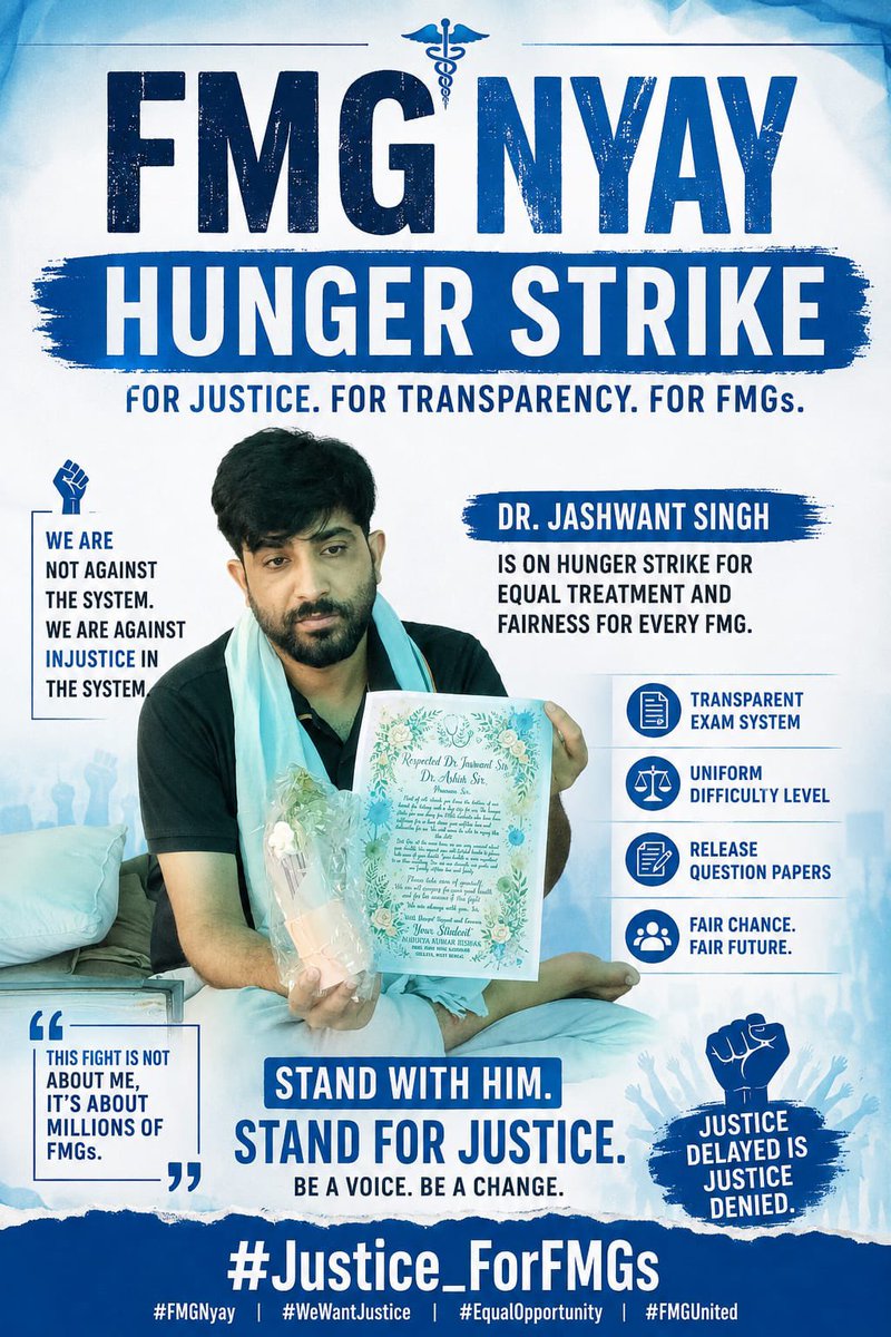 pawankumarsrma's tweet photo. Hunger strike started against injustice given by @NBEMS_Official  Day-3
I request everyone please join at Gautam Nagar park. #JusticeForFMGEs please support all. @CJP_for_India @Cockroachisback @NBEMS_Official @NMC_IND @NMC_BHARAT @JPNadda #FMGEJune2026 #CompensationFMGEjune2026 https://t.co/37x5UK5J3j