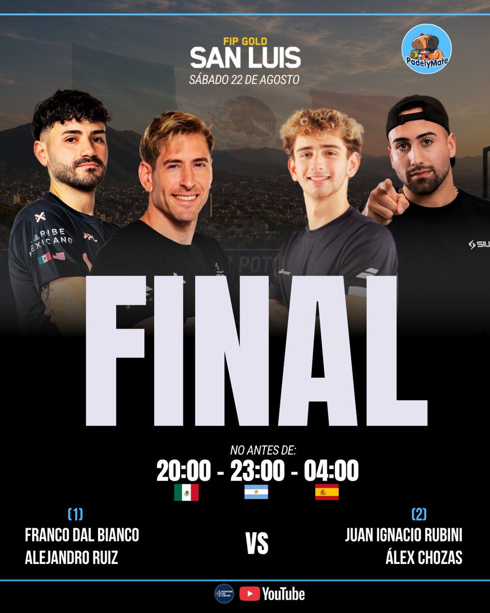 PadelyMate's tweet photo. 🥇 𝐄𝐋 𝐒𝐀́𝐁𝐀𝐃𝐎 𝐕𝐀𝐋𝐄 𝐎𝐑𝐎 | 𝐅𝐢𝐧𝐚𝐥𝐞𝐬 🌮

Después de una jornada larguísima de cuartos y semis, San Luis ya tiene sus finalistas.

➤ RESULTADOS DE SEMIFINALES:
🚺 𝐃𝐮𝐛𝐢𝐧𝐬-𝐑𝐚𝐦𝐦𝐞 𝟒-𝟔 | 𝟔-𝟑 | 𝟕-𝟔  🆚 𝐏𝐨𝐥𝐨-𝐁𝐚𝐫𝐫𝐞𝐫𝐚
❤️‍🩹 𝐏𝐞𝐫𝐚𝐥𝐭𝐚-𝐌𝐚𝐫𝐭𝐢́𝐧𝐞𝐳 avanzan a la final tras el retiro de 𝐀𝐢𝐭𝐚𝐧𝐚 por una lesión en el tobillo cuando el primer set estaba 3-2.

🚹 𝐑𝐮𝐛𝐢𝐧𝐢-𝐂𝐡𝐨𝐳𝐚𝐬 𝟕-𝟓 | 𝟔-𝟒 🆚 𝐃𝐞 𝐏𝐚𝐬𝐜𝐮𝐚𝐥-𝐑𝐨𝐝𝐫𝐢́𝐠𝐮𝐞𝐳
🚹 𝐃𝐚𝐥 𝐁𝐢𝐚𝐧𝐜𝐨-𝐑𝐮𝐢𝐳 𝟔-𝟕 | 𝟔-𝟒 | 𝟕-𝟔 🆚 𝐌𝐞𝐥𝐞́𝐧𝐝𝐞𝐳-𝐆𝐨𝐧𝐳𝐚́𝐥𝐞𝐳

Hoy se define el FIP Gold. Primero será el turno de las chicas y después cerrarán los hombres.
📲 Toda la info la tienen en las placas: quiénes juegan, horarios  y dónde verlo. Deslizá que en la segunda está la final femenina 🚺

📺Se podrán seguir en vivo por 𝐘𝐨𝐮𝐓𝐮𝐛𝐞, 𝐚 𝐭𝐫𝐚𝐯𝐞́𝐬 𝐝𝐞𝐥 𝐜𝐚𝐧𝐚𝐥 𝐨𝐟𝐢𝐜𝐢𝐚𝐥 𝐝𝐞 𝐏𝐚𝐝𝐞𝐥𝐅𝐈𝐏.

 🏆 ¿𝗤𝘂𝗲́ 𝘀𝗲 𝗹𝗹𝗲𝘃𝗮𝗻❓(por jugador)
Campeón/a ➜ 𝟏𝟓𝟎 𝐩𝐭𝐬 | € 𝟑𝟕𝟓𝟎 
Subcampeón/a ➜ 𝟗𝟎 𝐩𝐭𝐬 | € 𝟏𝟗𝟓𝟎 

𝘘𝘶𝘪𝘦́𝘯𝘦𝘴 𝘲𝘶𝘪𝘦𝘳𝘦𝘯 𝘲𝘶𝘦 𝘤𝘰𝘳𝘰𝘯𝘦𝘯 𝘦𝘯 𝘔𝘦́𝘹𝘪𝘤𝘰? 

#PadelyMate #Padel