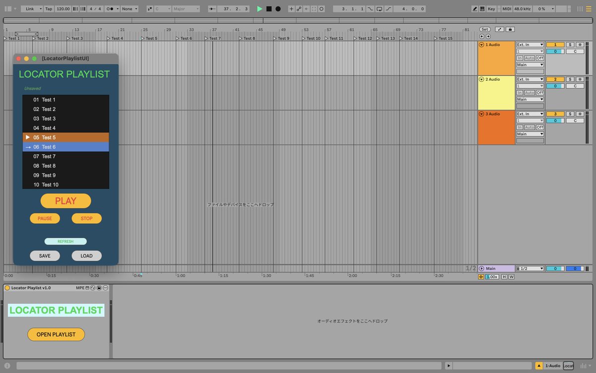 9masan's tweet photo. 人生で初めて、「プラグイン」を作りました。

Ableton LiveのLocatorを、シンプルなプレイリストとして扱える

LOCATOR PLAYLIST

高機能なツールじゃないけど簡単でちゃんと便利なもの。

「これあったらいいのに」から始まって本当に動くものになったのがちょっと嬉しい。
Max for Live、面白い。 https://t.co/EYG7Cw8hJz