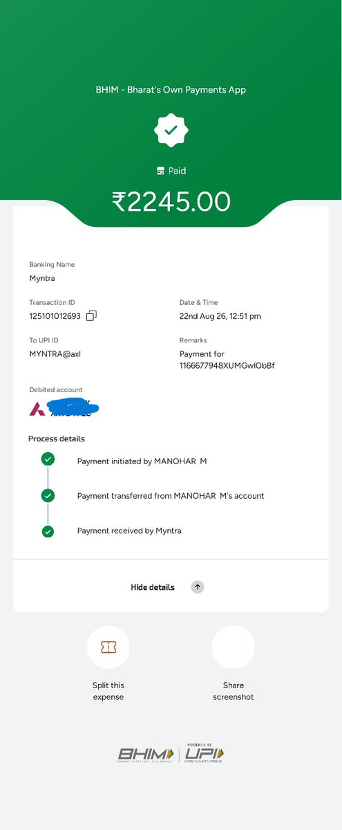 iamManuoo7's tweet photo. Hey @myntra @MyntraSupport, I placed an order today and paid via BHIM UPI. The amount was debited successfully from my bank, but I haven't received any order confirmation, and it's not showing in my account. Need this urgently! Please help check. 🙏
#Myntra #CustomerService https://t.co/K5b82VfFNk