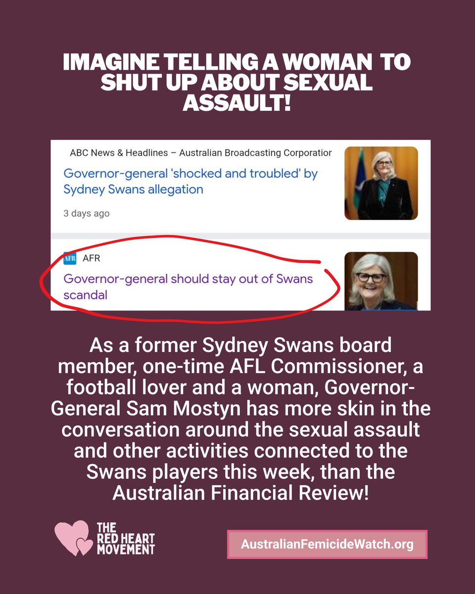 ShereleMoody's tweet photo. Look at the @FinancialReview telling Sam Mostyn to shut up despite her being a past Sydney Swans board member, one-time AFL Commissioner, a football lover and a woman.
She has more skin in the conversation around the sexual assault and other activities connected to the Swans players this week, than the Australian Financial Review!