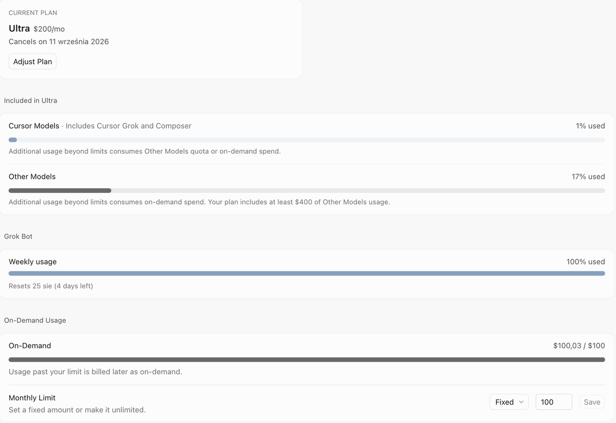 Adrian_Trabka's tweet photo. Cursor and Grok Bot are fundamentally different products serving different users — and they need separate subscription plans.

Cursor is a professional development environment built primarily for programmers. Grok Bot can bring agentic automation to business owners, operators and non-technical users.

My Ultra plan costs $200/month. After roughly two days of normal business use, the dashboard shows:

• Cursor Models: 1% used
• Grok Bot weekly usage: 100%
• On-demand usage: $100.03 / $100

I am not asking for unlimited usage. I am asking for a standalone Grok Bot plan, transparent limits before purchase, higher tiers for real agent workloads, and billing separated from Cursor.

Bundling access is not the same as providing sustainable capacity. Grok Bot has huge potential, but its pricing and limits should match the audience it was designed to serve.

@bot @SpaceXAI @elonmusk @cursor_ai @mntruell