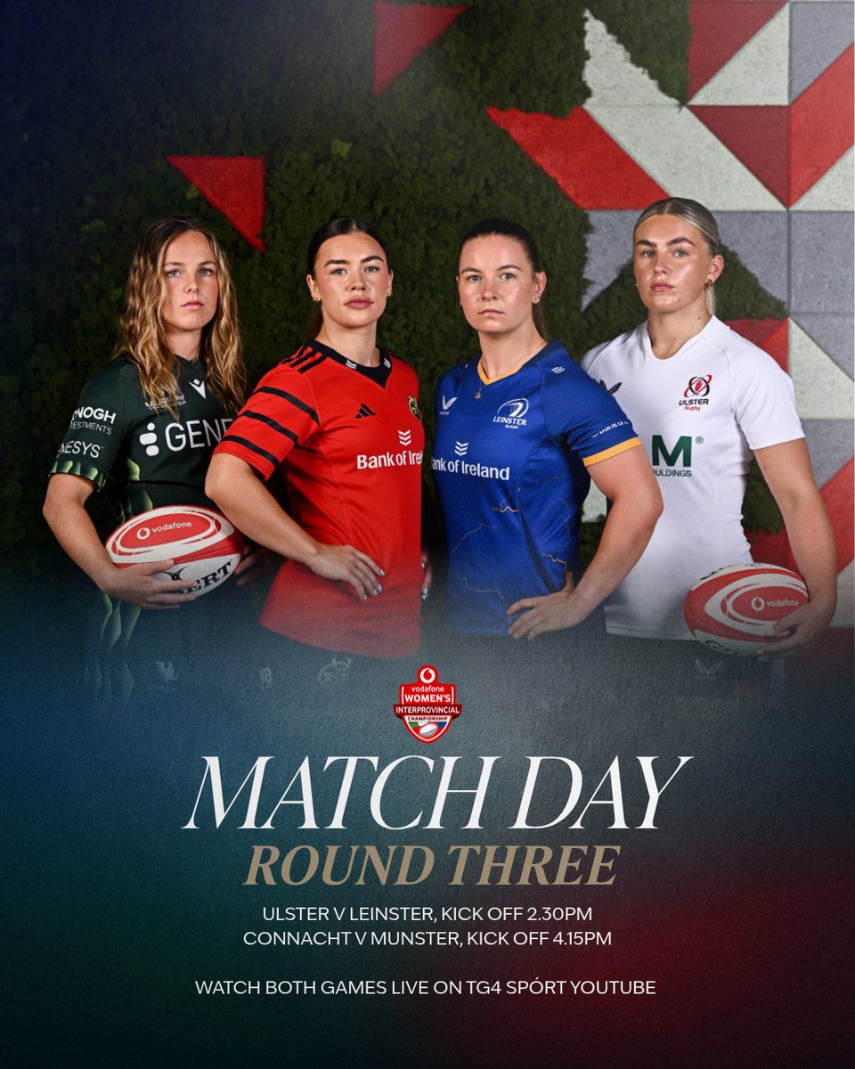 IrishRugby's tweet photo. Match Day! 🙌🏻

Round Three - Vodafone Women’s Interprovincial Championship 

⚪️v🔵Ulster v Leinster, in Affidea Stadium, kick off 2.30pm
🟢v🔴Connacht v Munster, in Dexcom Stadium, kick off 4.15pm

📺 Watch both games live on TG4 Spórt Youtube: https://t.co/CSPoVrxIc1 https://t.co/omrtqwnFKH