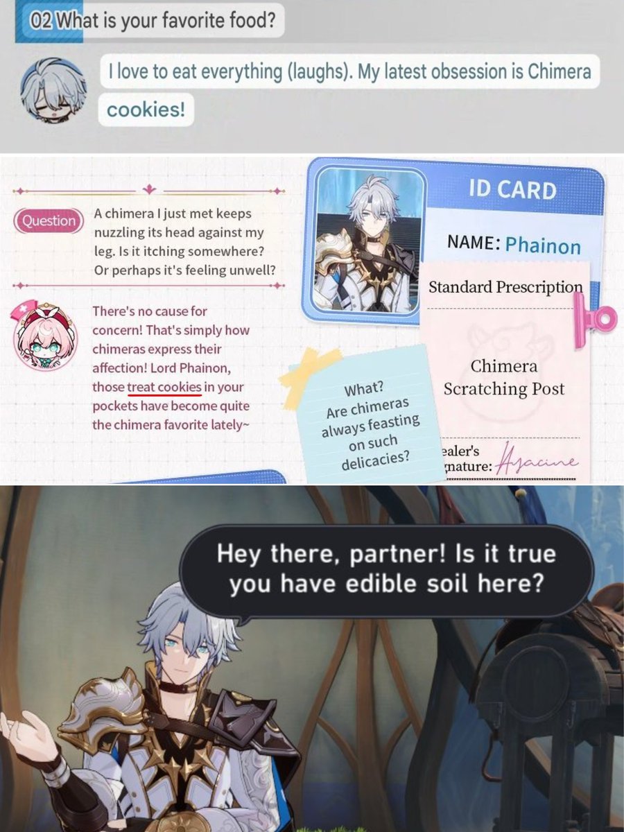 eclymic's tweet photo. i feel like the fandom doesn’t talk enough about just how much of a foodie phainon is. he literally says he doesn’t have a favourite food because he’s open to trying just about anything. animal treats, edible soil... you name it 😭 https://t.co/Mfo7ifbwsH