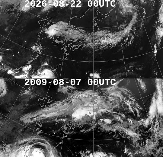 todayswxmap's tweet photo. 00UTC実況の類似天気図と赤外画像 2009-08-07 日中、この時、九州南部、四国地方、関東甲信地方で大雨災害がありました。= #天気 #気象災害 https://t.co/56PpIvzLHQ