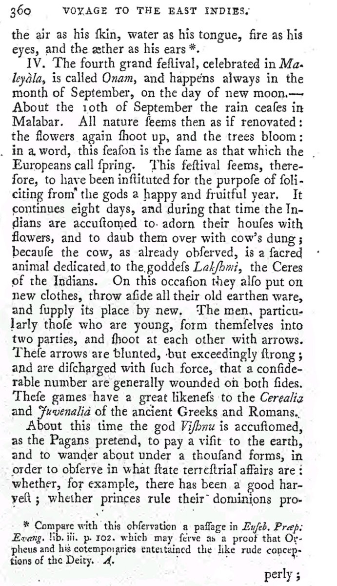 SyamKamath's tweet photo. @Ashwinsampathk @Ashwinsampathk this book was written by Paolino da San Bartolomeo a Catholic priest who spent 13 years 1776-1789 in Malabar as a missionary. Look how he describes Onam - a festival of visit of Vishnu where people welcome him &amp; worship him with pookkalam. 😂🤣 https://t.co/VPrqBP1zSM