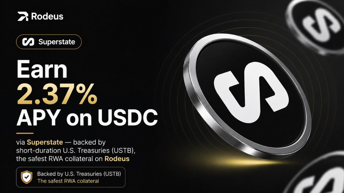 Rodeus_labs's tweet photo. 2.37% APY on USDC via @SuperstateInc  backed by short-duration U.S. Treasuries (USTB), the safest RWA collateral on Rodeus. 

Lower yield, lowest risk profile treasury-grade stability on Solana. https://t.co/BnxOxaz54Z
