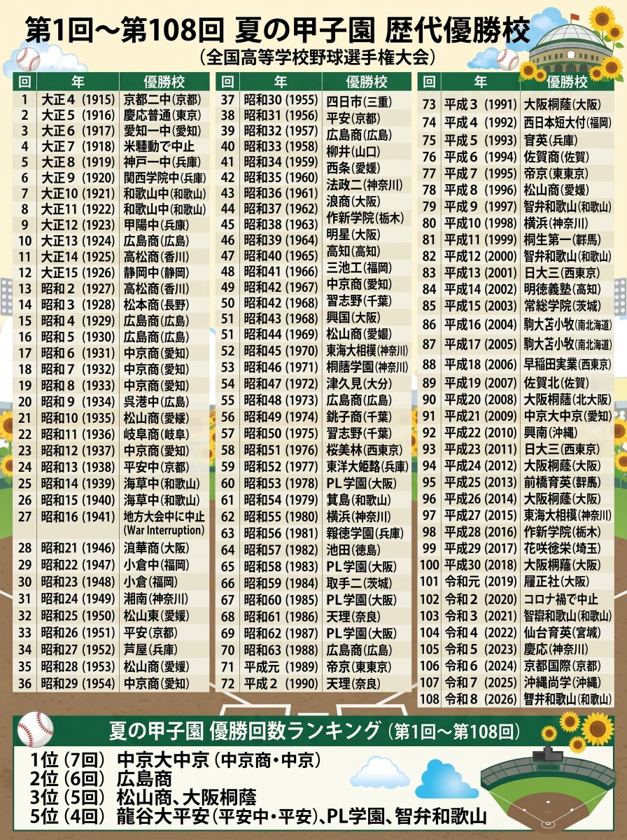 kenlife202010's tweet photo. 今年の夏の甲子園は智弁和歌山が優勝ーー！！！
逆転から逆転の良い試合でした！ということで歴代優勝校をまとめてみました↓ https://t.co/AsQWsCXQjF