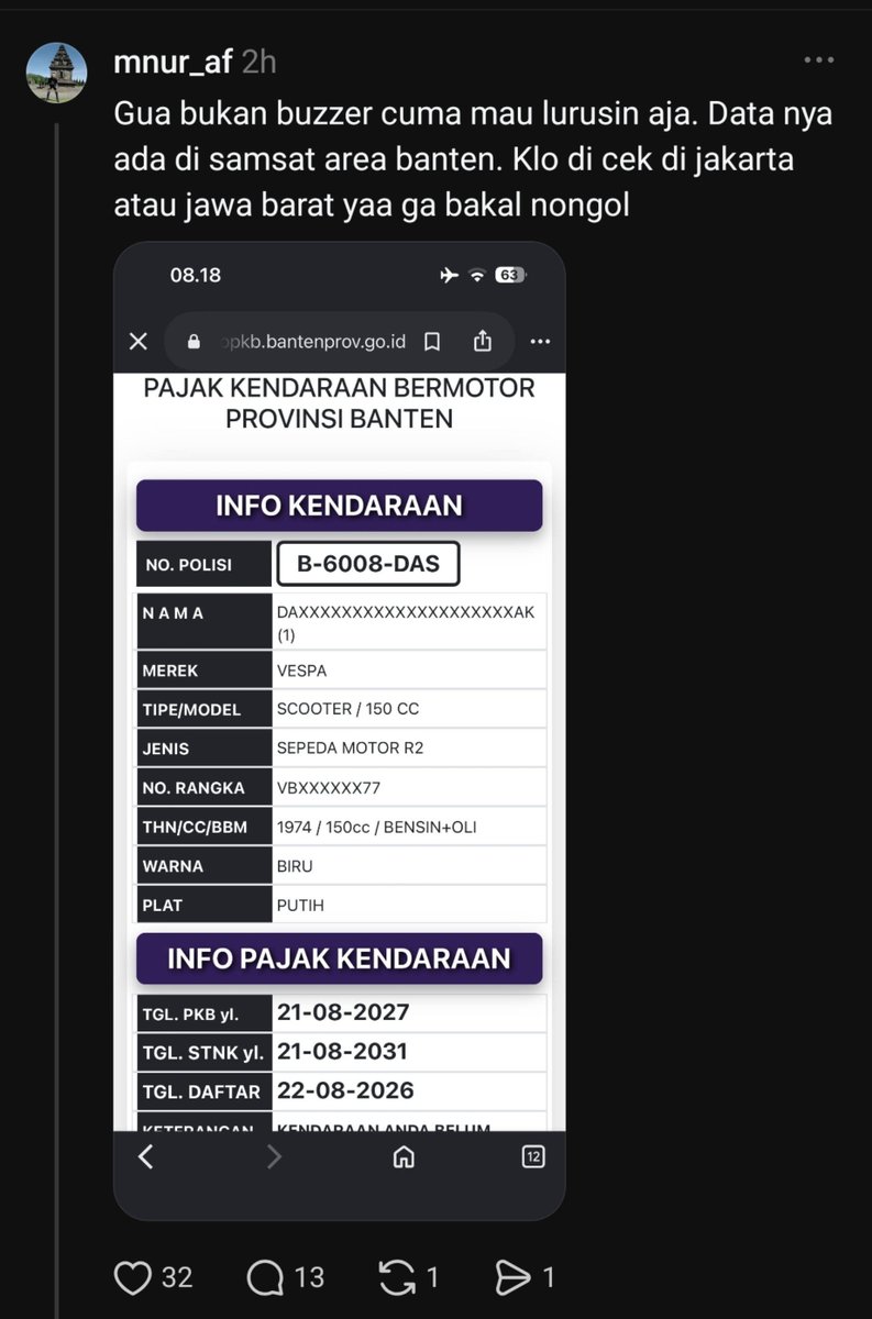 MiskinTV_'s tweet photo. Kronologi Drama 4 Babak

Babak I:
Berawal dari unggahan mas Kiswinar di threads yang mengomentari foto Pak Dahnil perihal vespanya. Mas Kiswinar berkomentar "...vespanya aja bodong".

Babak II
Pak Dahnil menyangkal hal tersebut dengan menyatakan bahwa itu fitnah dan akan melaporkan ke pihak berwajib.

Babak III
Seorang netizen kemudian mengunggah sebuah foto STNK yang memperkuat statement pak Dahnil bahwa Vespa tsb bukan vespa bodong.

Babak IV
Netizen lain kemudian menemukan fakta bahwa STNK tsb baru didaftarkan tanggal 21 Agustus 2026 (Jumat kemaren).

Mana nih yang bener??