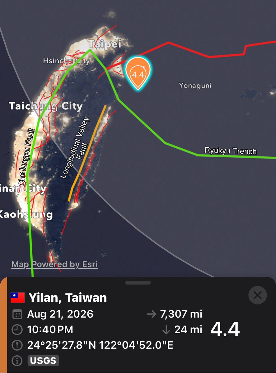 SeismoTracker's tweet photo. #Earthquake Breaking News (#Tropics Edition)

A magnitude 4.4 has struck 49 Km/30 Mi SE of Yilan, #Taiwan 

This Earthquake is in the path of #Typhoon #Saudel 

Magnitude: 4.4
Epicenter Location: 24.424°N 122.081°E
Time: 2026-08-22 03:40:14 UTC
Depth: 38.32 Km (23.81 Mi)
Intensity: II
#Tsunami is not expected from this Magnitude 4.4 earthquake