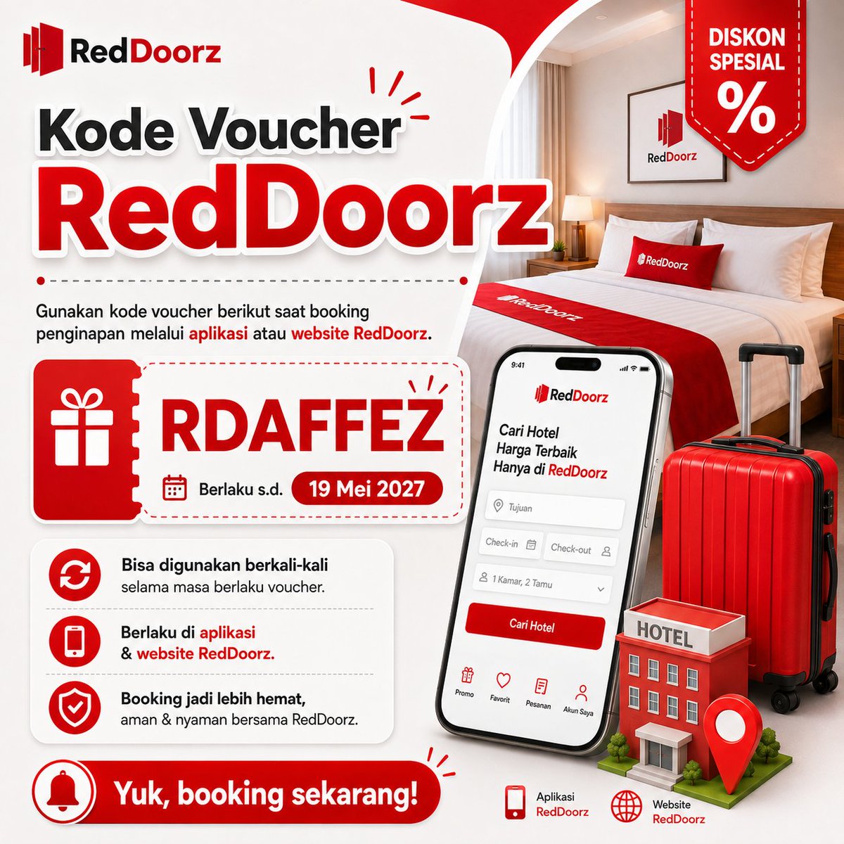 baelanja's tweet photo. ✨ Buat yang sedang cari penginapan RedDoorz, jangan lewatkan kode voucher ini.

🎁 RDAFFEZ 🎁

📍 Bali • Makassar • Yogyakarta • Malang • Batu • Bandung • Bogor • Semarang • Surabaya • Wonosowo • Medan • Batam • Papua • Jakarta
—
#zonauang #bealanja https://t.co/s3QuvwWvbA