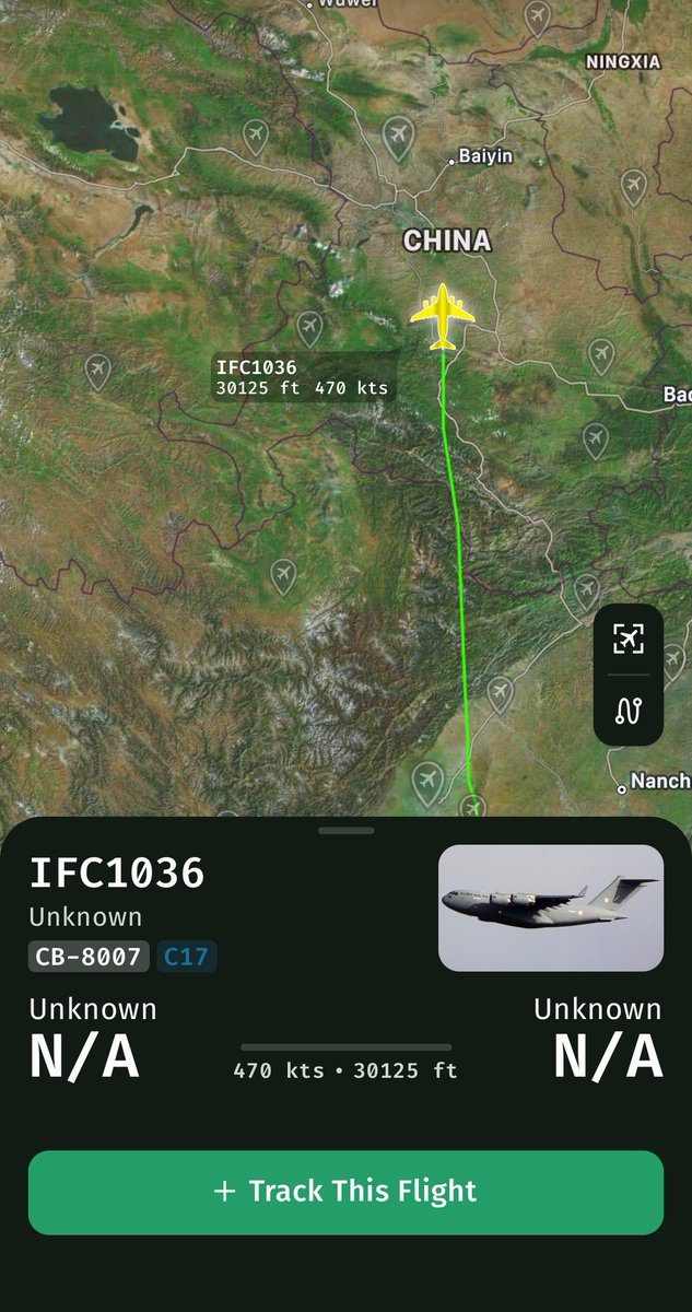 PlatypusX9's tweet photo. Indian Air Force C-17 | CB-8007 
Flying Over China. https://t.co/4LR67llzgJ