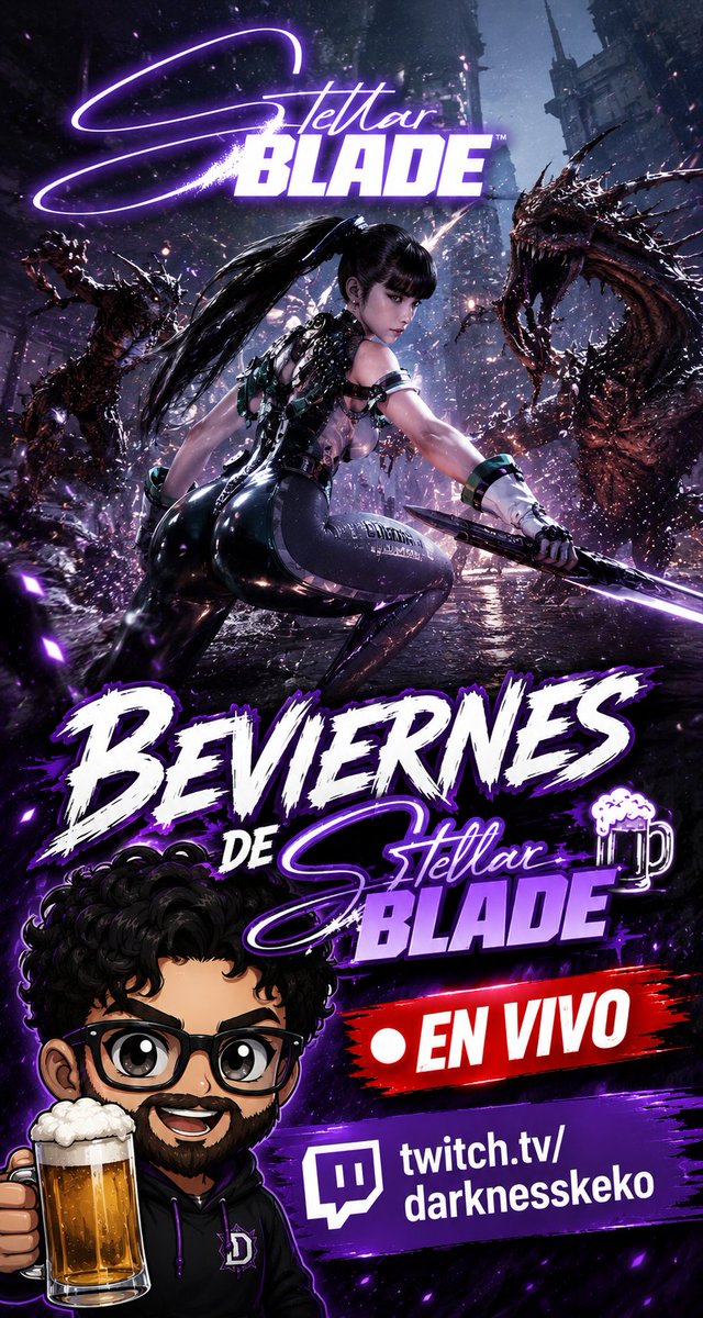 Darknesskeko's tweet photo. 🍺⚔️ ¡BEVIERNES DE STELLAR BLADE! 🔥

Eve está lista para repartir espadazos y nosotros para disfrutarlo ¡EN VIVO y a todo color! 😎🍻

🔴 https://t.co/mwznE4PdnP

#StellarBlade #Beviernes #Gaming #Darknesskeko https://t.co/v73LsFSkMF