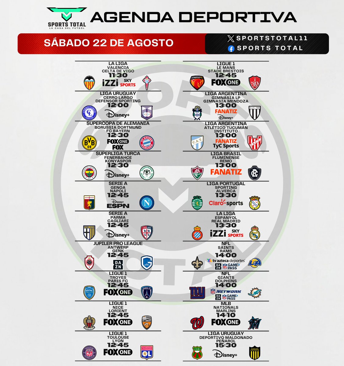 SportsTOTAL11's tweet photo. 🔥 La Agenda Más Completa
El sábado futbolero trae una Súper Agenda Deportiva TOTAL. 
¿A cuál le prendes? https://t.co/QtuddZ4UEe