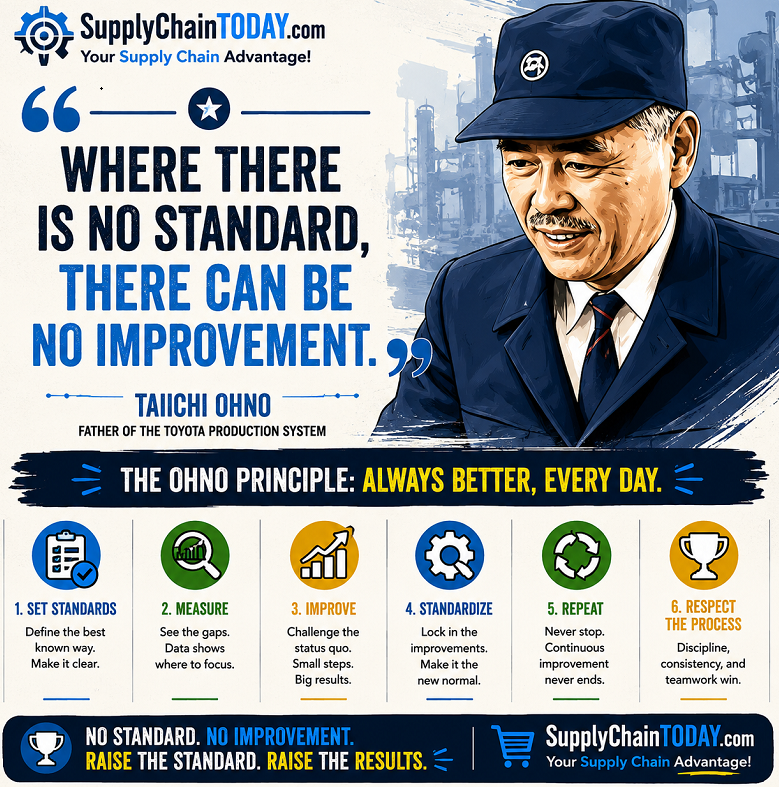LogisticsStuff's tweet photo. "Where there is no standard, there can be no improvement." ~Taiichi Ohno.
Collection of Lean Manufacturing Resources: https://t.co/P4aBL0jXC2
#LeanManufacturing #LeanThinking #SupplyChain #ContinuousImprovement #Kaizen #ToyotaProductionSystem https://t.co/bbZBjTwGJq