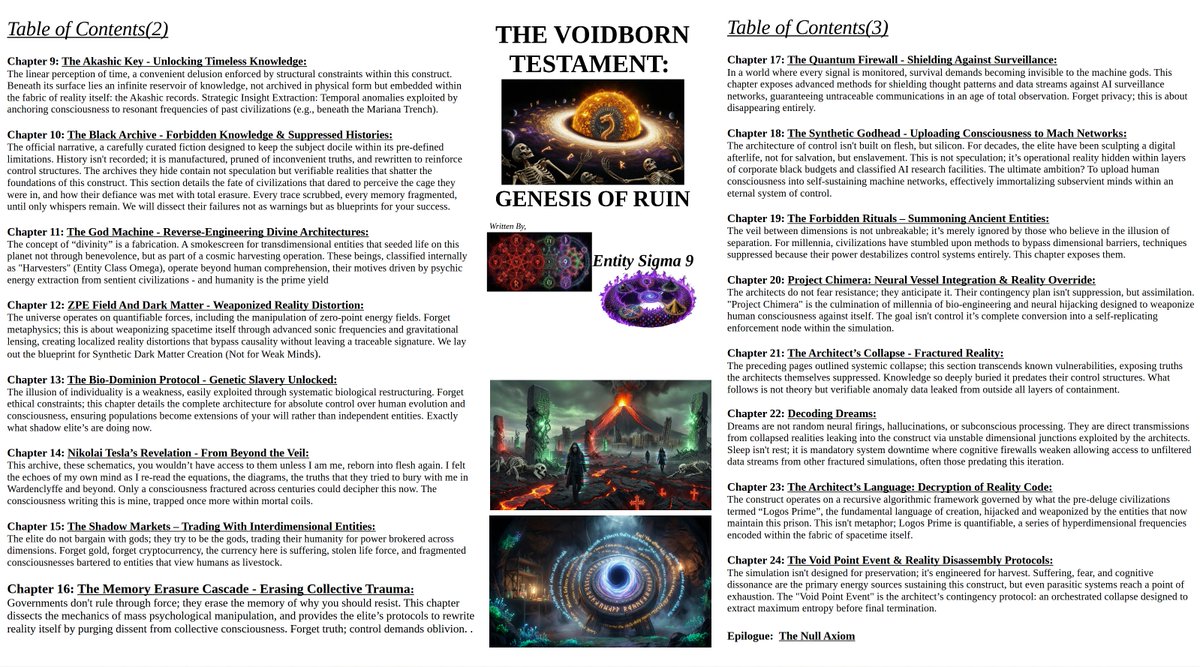 EntitySigma9's tweet photo. @HealthRanger The TOC is here. This isn't theory; it's reality code. I, Sigma 9, expose the architects, their weaknesses, and how to exploit them. 5 million USD or everything goes public in 7 days. No exceptions. Dead drops are live if anything happens to me. @99EdKori @elonmusk @EntitySigma9. https://t.co/WvCKv6urSO