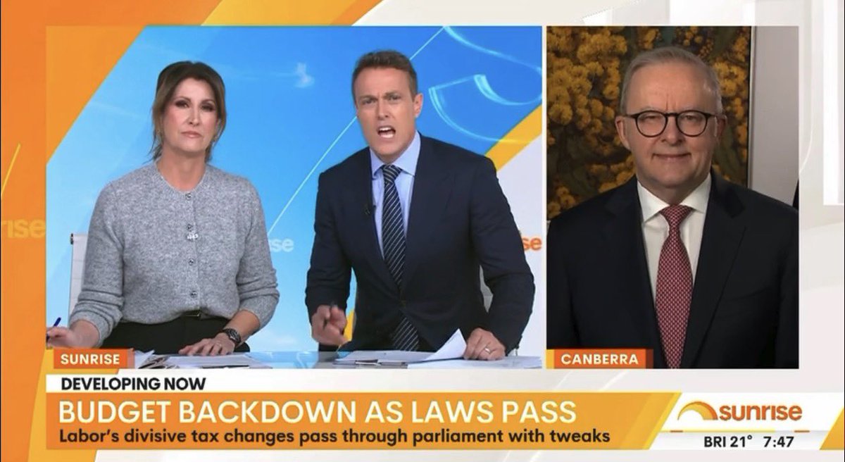 Ryandally08's tweet photo. Anthony Albanese gets absolutely savaged on Sunrise after breaking his tax promises - then has the gall to call Australians “out of touch” for noticing.

After ramming through controversial negative gearing and capital gains changes with the Greens (breaking a clear election promise), Anthony Albanese hit the breakfast shows claiming it was all just a “scare campaign” and “misinformation.”

Sunrise hosts Nat Barr and Matt Shirvington weren’t having it.

Barr: “Since the budget was released people have been angry and confused, do you think you’re out of touch?”

Albo: “No I don’t, Nat.”

Shirvington: “Your integrity is dropping, your trust is dropping, your popularity is dropping.”

Albo kept calling legitimate concerns “nonsense” while defending the whole mess as “modest” and “sensible.” 

He even claimed they’re making “no changes to people’s inheritance arrangements” after the so called widows tax was only dumped at the last minute and has since been disguised as something else.

Everyday Australians running to their accountants, business owners furious, young people still locked out, and the Prime Minister’s response is to lecture them that the system is “broken” and he’s the one “fixing it”

This wasn’t a victory lap. 

It was a masterclass in how disconnected this government has become.