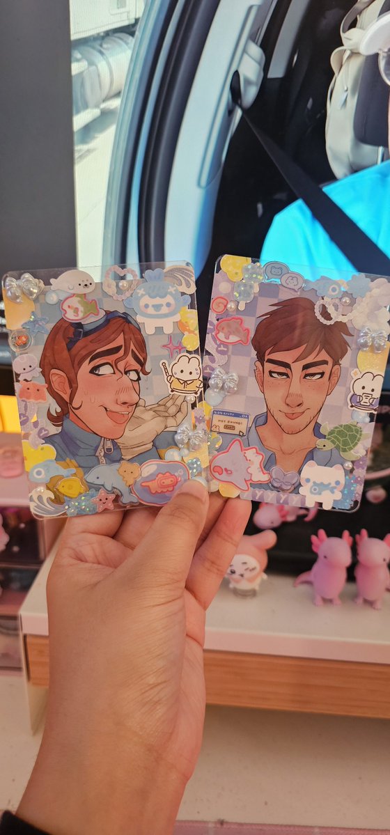 greekmythos__'s tweet photo. decorative my newer photocards from liv with some of the stickers i bought yesterday 💛🩵💛🩵 https://t.co/Bh0ybwn4XE