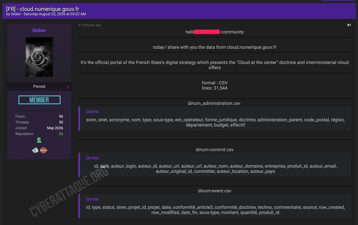 CyberattaqueOrg's tweet photo. Le DINUM serait visé par une fuite. Un hacker publie 31 544 lignes attribuées à https://t.co/FKn7ChYA55.

Le contexte interroge aussi après la récente zero-day critique de Metabase.

https://t.co/5RDoLPokGr https://t.co/GQv8UaqJ5z
