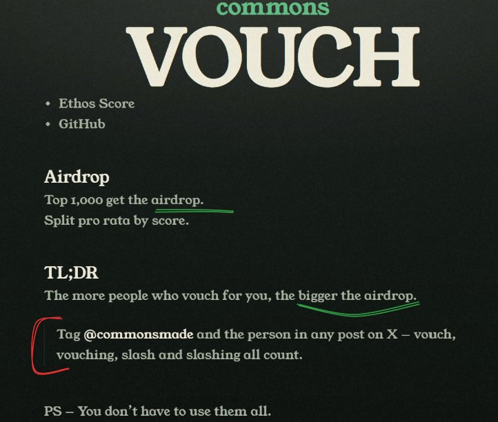 LMAlphaX's tweet photo. Just found an interesting early opportunity on @commonsmade 👀

There are only 3 days left before TGE!

Getting started is pretty simple:
→ Go to https://t.co/IxjLWaZZT7
→ Sign in with X
→ You’ll start with 5 Vouches + 5 Slashes

💬Vouch for us and get priority in future giveaways!👀👇🏻

"Hey @commonsmade, I vouch for @LMAlphaX"

The interesting part is the reputation mechanic.

Vouch for people you think deserve it → their rank improves as they get Gift Points.

Slash accounts you think shouldn’t be there → their rank takes a hit.
So this isn't really a “farm alone and disappear” campaign.

Might be worth checking out before the window closes. 👀