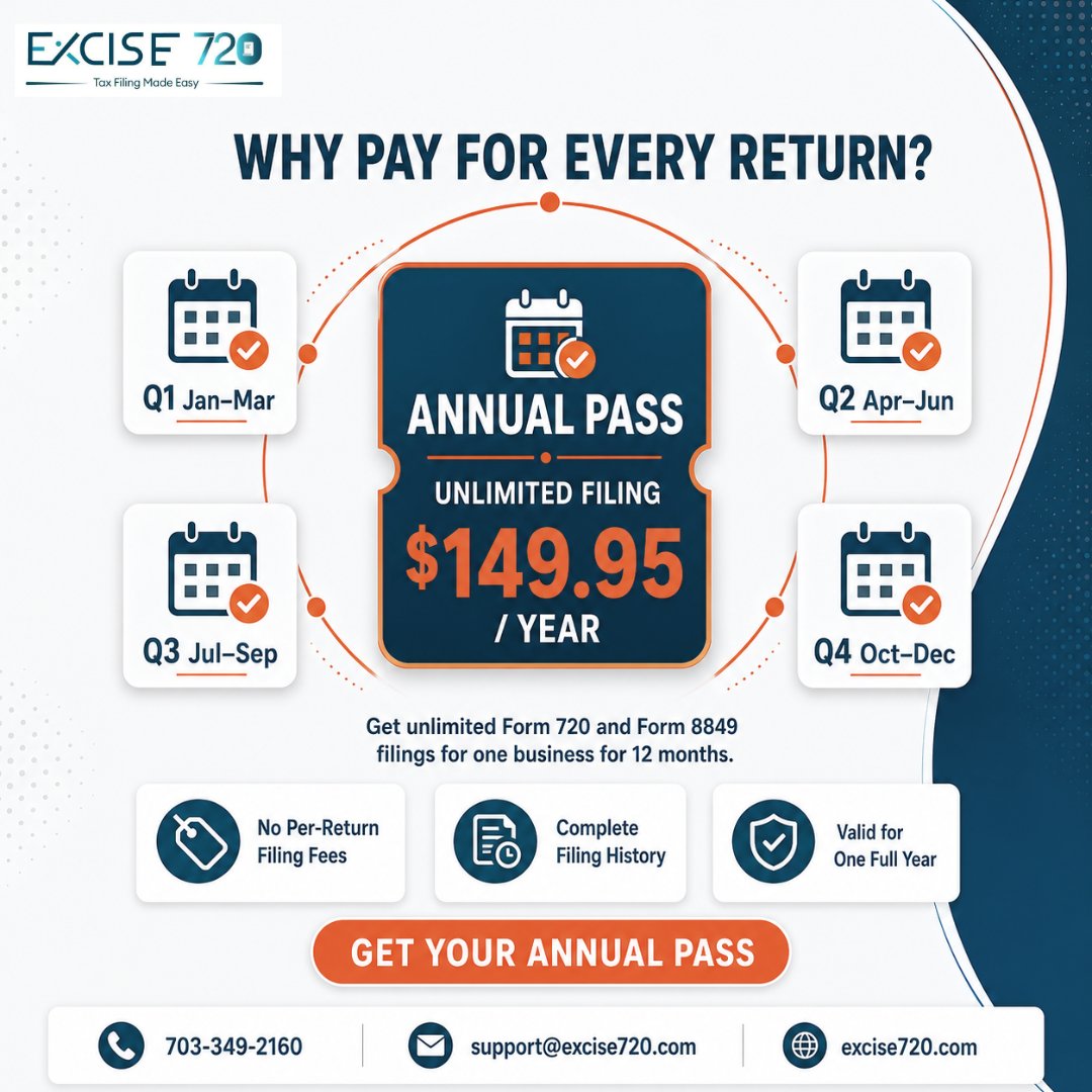 excise720's tweet photo. Why pay for every return when you can file throughout the year with one simple plan?
Get the Excise720 Annual Pass for $149.95 
🌐 https://t.co/VQBKpXRzYi
📞 703-349-2160

#form720 #form8849 #excisetax #taxfiling #irsefile #annualtaxfiling #excise720 https://t.co/YPJySEOIsH
