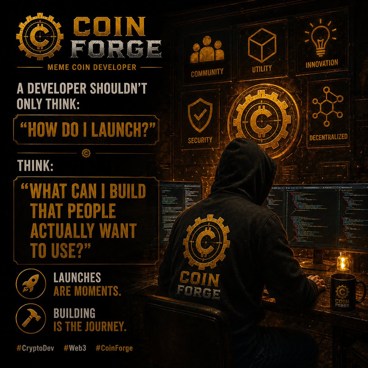 Coinforgee's tweet photo. A developer shouldn’t only think:
“How do I launch?”
Think:
“What can I build that people actually want to use?”
Launches are moments.
Building is the journey.
#CryptoDev #Web3 #CoinForge https://t.co/6Yz4Co3Yim
