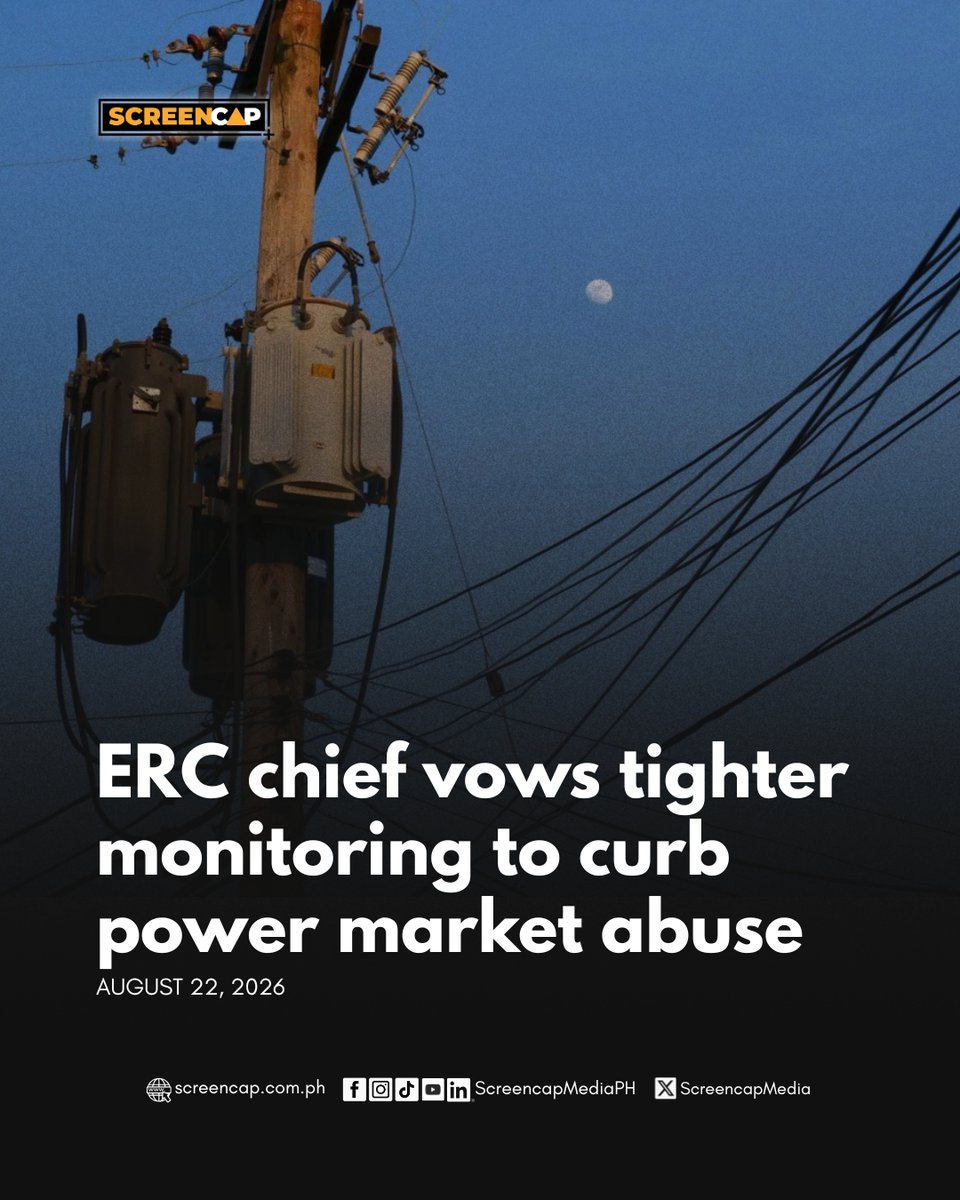 ScreencapMedia's tweet photo. #NewsUpdate: ERC chief vows tighter monitoring to curb power market abuse #ScreencapMedia #ScreencapHeadline #ERC #EnergyPH #PowerSector
Read the full story: https://t.co/oFi1Q9Gl3I https://t.co/ufvBRvcAvc