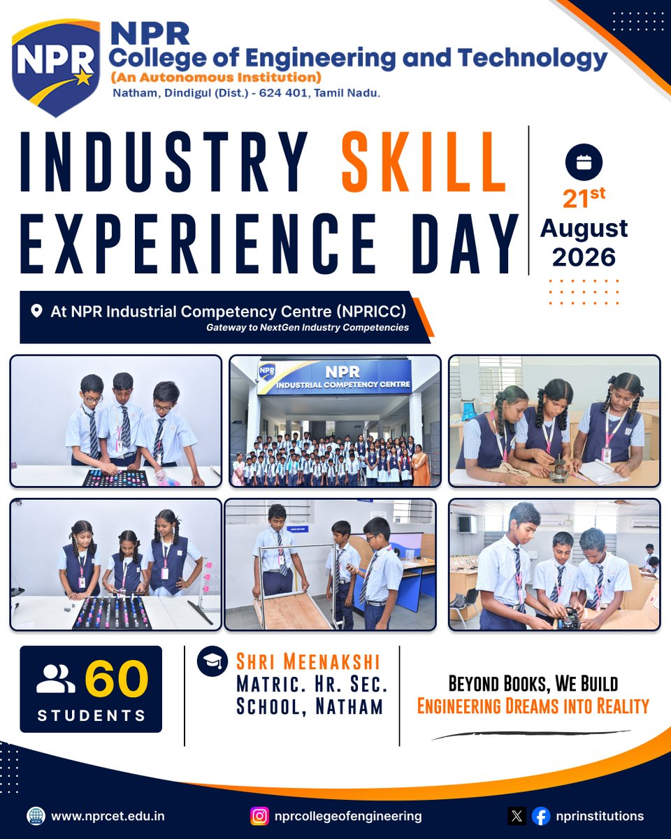 nprinstitutions's tweet photo. Successful wrap-up of Industry Skill Experience Day! βοΈ We welcomed 60 students from Shri Meenakshi Matric. Hr. Sec. School, Natham to NPRICC on Aug 21, 2026. Hands-on learning and engineering dreams in action! π
#NPR #NPRCET #NPRICC #AICTE #NAAC #NBA #HappyMindsHappyCampus https://t.co/dW7UUaubX6