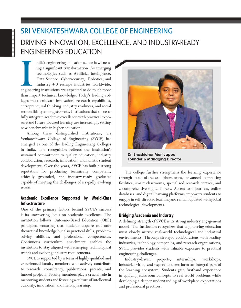 SvceBengaluru's tweet photo. Remarkable Recognition for SVCE Autonomous, Bengaluru!
SVCE Autonomous, Bengaluru has been recognised as a Top Engineering College in India – 2026 by Higher Education Review.
#SVCEBengaluru #HigherEducationReview #TopEngineeringCollege #TopEngineeringColleges #StudentSuccess https://t.co/ecDHMwsAnr