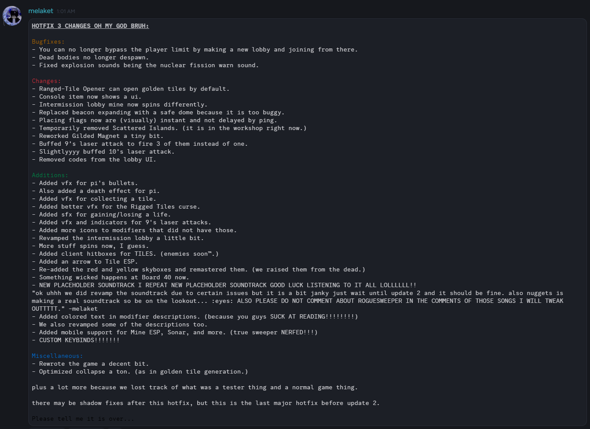 RoguesweeperDev's tweet photo. HOTFIX 3 IS OUT GO PLAY IT NOW!!!!!! HERE ARE THE CHANGELOGS JMOP IS GOING AFTER ME FOR PUBLISHING THEM 2 MINUTES EARLY PLEASE PLEASE PLEASE PLEASE. #roguesweeper https://t.co/URyGCEdWMv