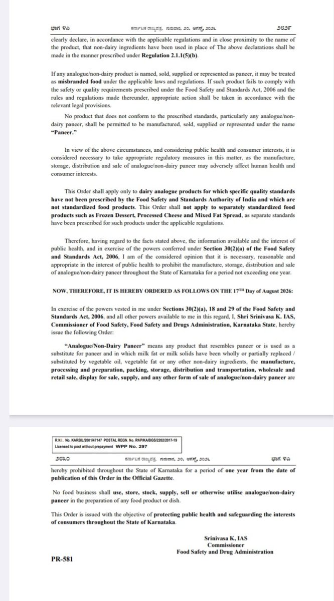 ChristinMP_'s tweet photo. Karnataka has banned manufacture, storage, distribution, transportation and sale of analogue/non-dairy paneer sold as 'Paneer' across the state for one year from August 17, 2026. 

Food Safety Department said paneer must be made from milk & non-dairy ingredients cannot replace milk fat or solids. The ban does not cover standardised products such as frozen desserts, processed cheese and mixed fat spread. @DHFWKA