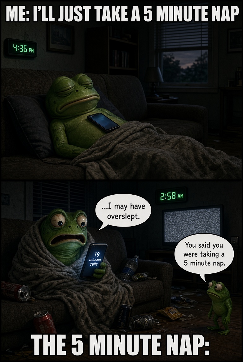 GrimCoinX's tweet photo. Me: “I’m just gonna take a 5 minute nap.” 😴

Also me 10 hours later: 👁️👄👁️

Bro really said “see you tomorrow” 💀🐸

#Memes #Funny #Meme #GRIM #InternetCulture https://t.co/iEG79NEeZY