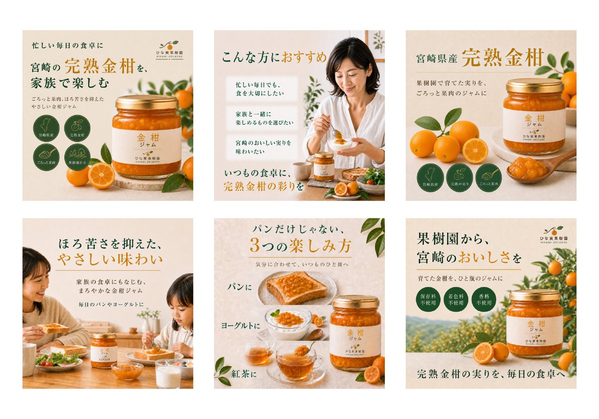 Marie_Projetar's tweet photo. プロデザの河合さん（@CostadelsolA）が開発されたAmazon商品画像制作AIスキル「Misel」を一足お先に体験✨
架空商品の「金柑ジャム」で、Amazon商品画像6枚を生成しました！
事前に用意したのは
◎正面の商品画像1枚
◎ロゴ
◎簡単な商品コンセプト
あとはMiselの質問に答えていくだけです！ https://t.co/EARxpyCyOA